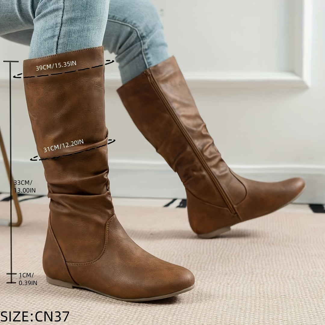 Emmelina | Women's Round-Toe Flat Knee-High Zip-Up Boots