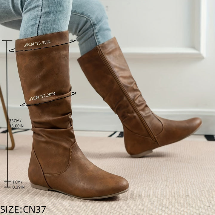 Emmelina | Women's Round-Toe Flat Knee-High Zip-Up Boots