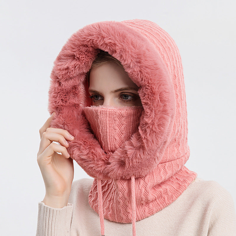 Women's hooded knit winter hat with scarf