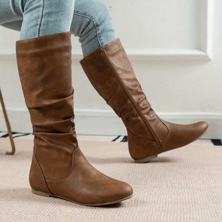 Emmelina | Women's Round-Toe Flat Knee-High Zip-Up Boots