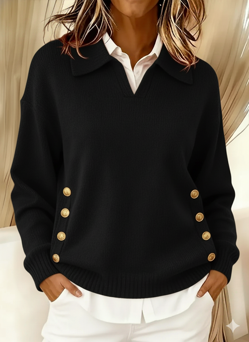 Woman wearing V-neck sweater with fold-over polo collar