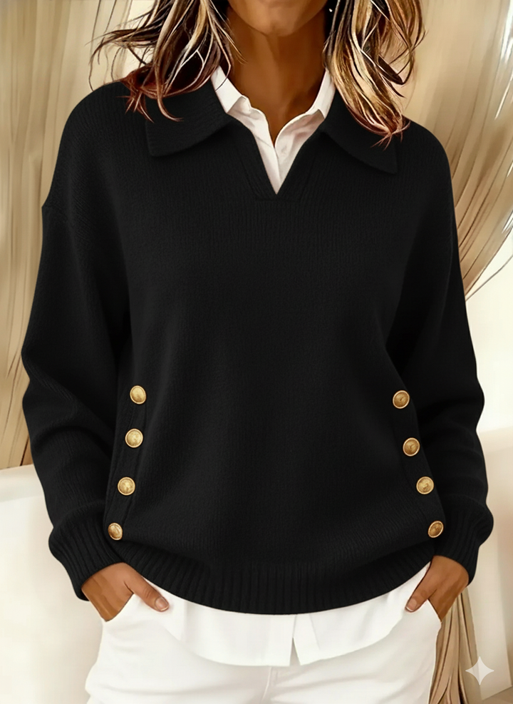 Woman wearing V-neck sweater with fold-over polo collar