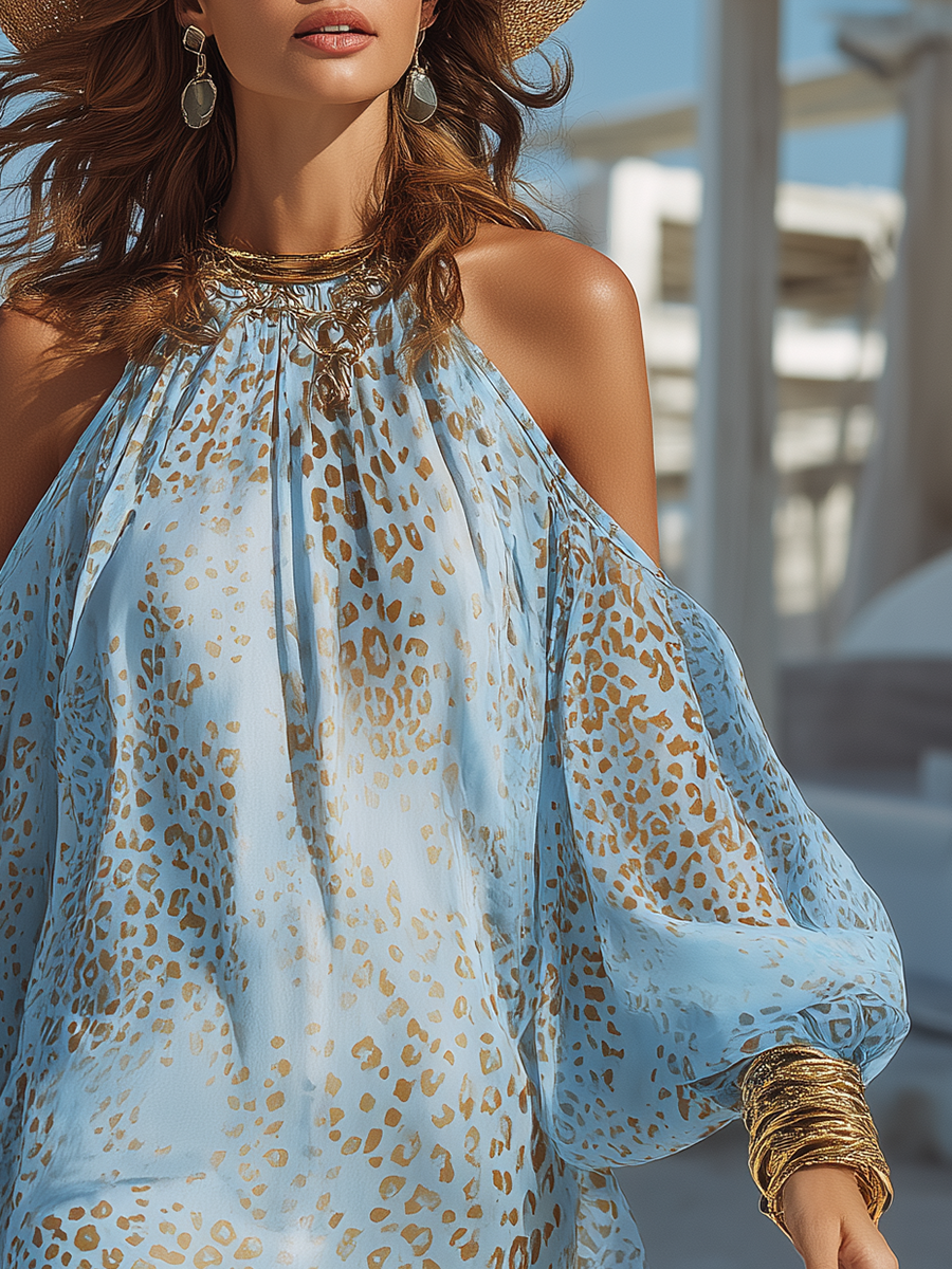 Woman wearing blue off-shoulder leopard print mini dress
