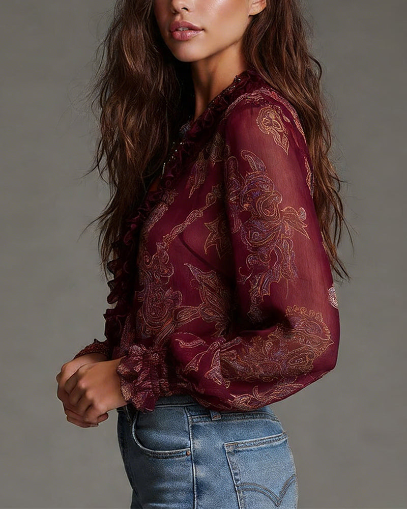 Woman wearing ruffle sleeve V-neck blouse with zip