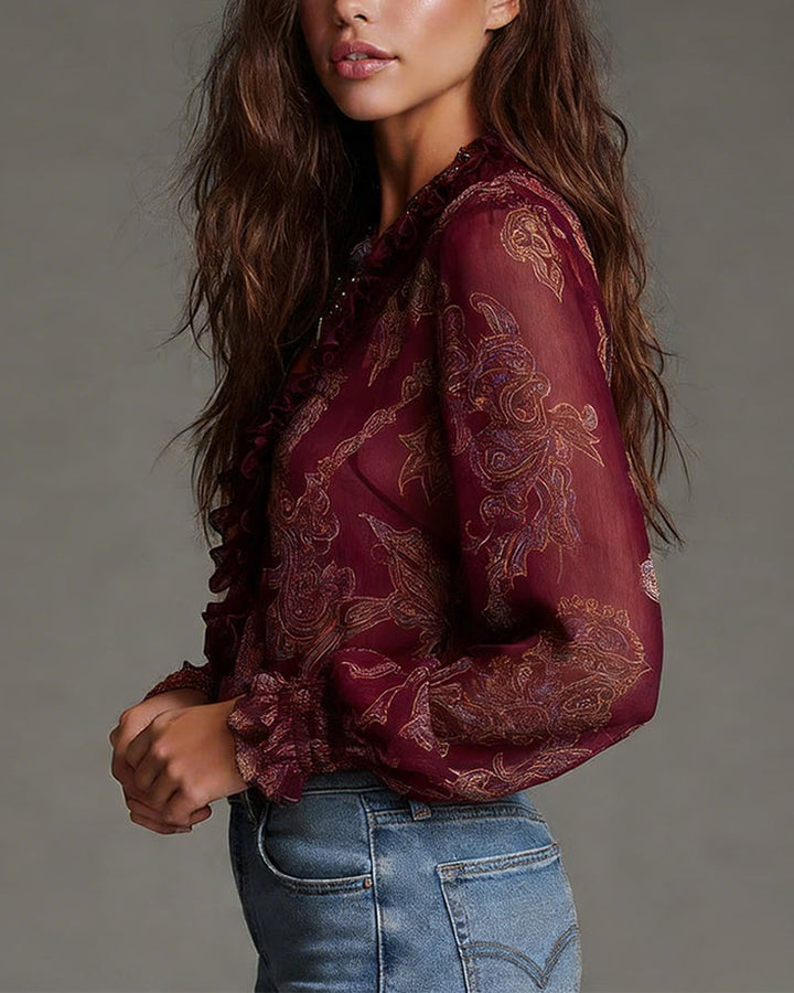 Woman wearing ruffle sleeve V-neck blouse with zip