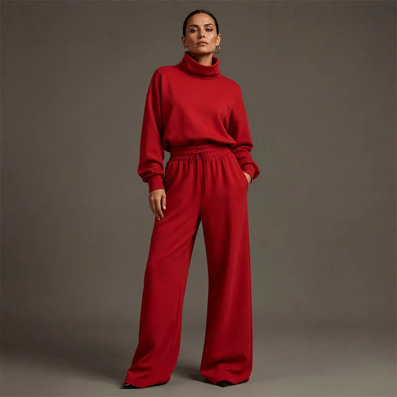 Woman wearing turtleneck two piece set with wide-leg pants