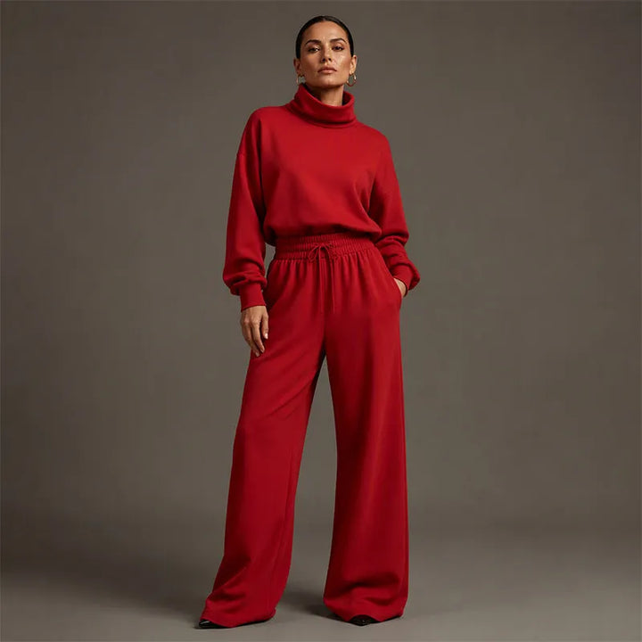 Woman wearing turtleneck two piece set with wide-leg pants