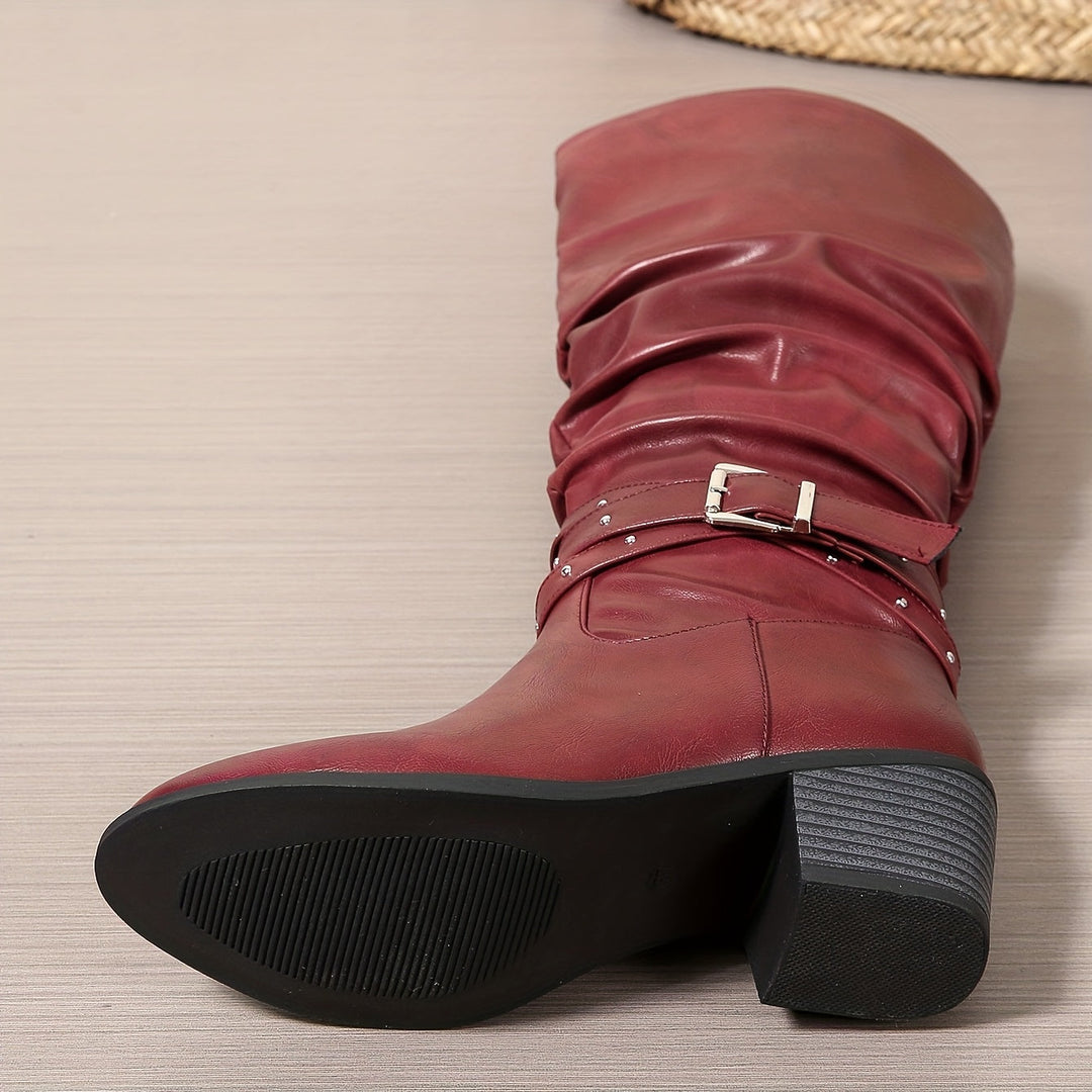 Endellion | Women's Studded Block-Heel Knee-High Buckle Boots