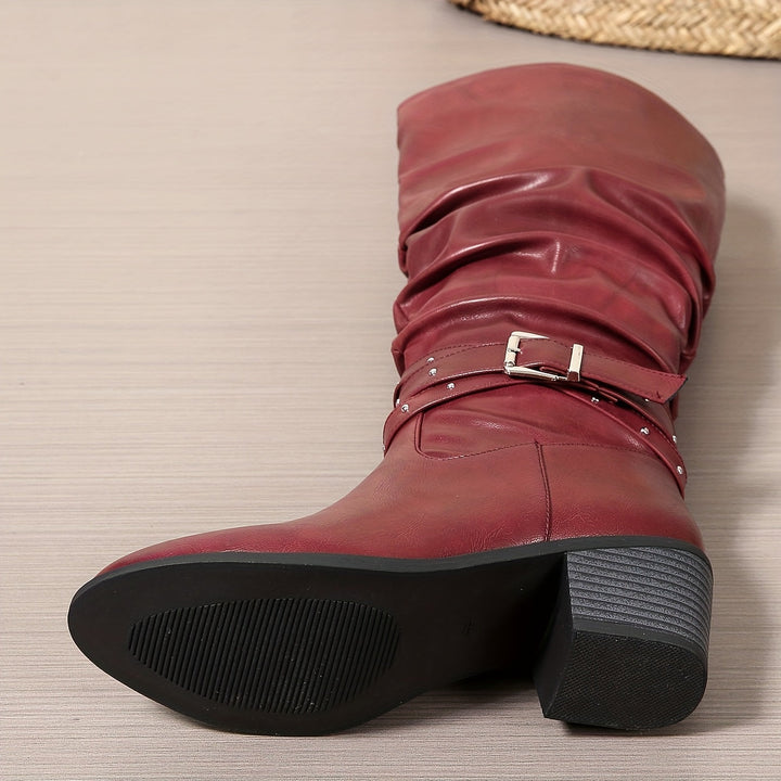 Endellion | Women's Studded Block-Heel Knee-High Buckle Boots