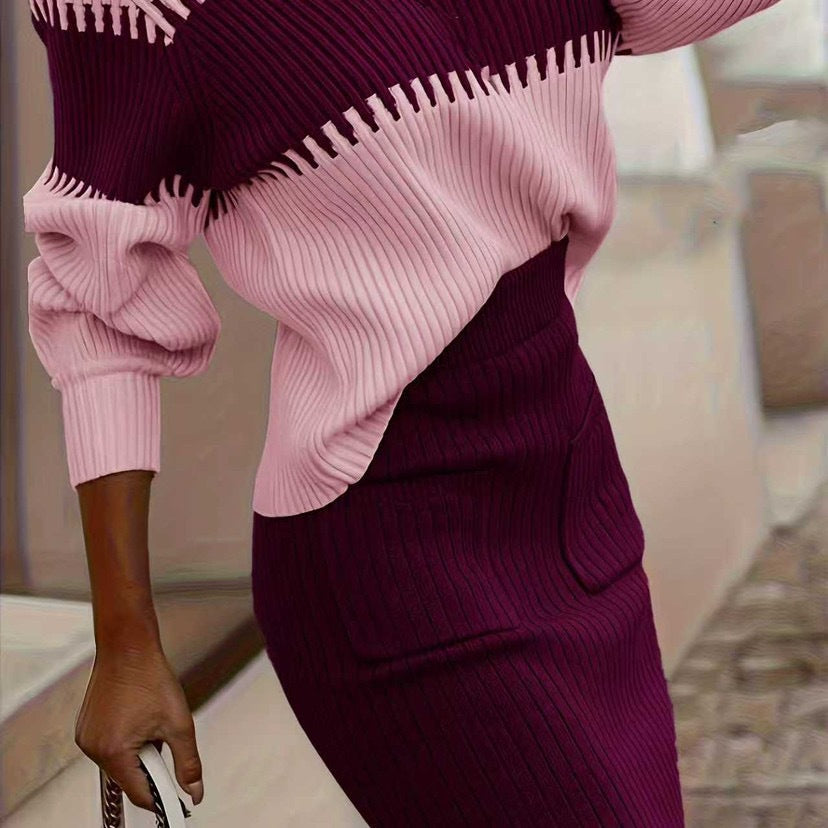 Woman wearing black knit sweater and skirt set