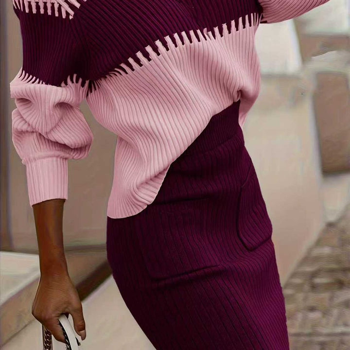 Woman wearing black knit sweater and skirt set