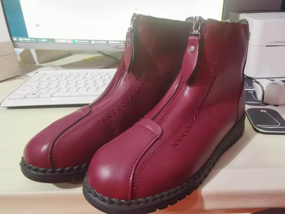 Women's black and red ankle boots with back zipper