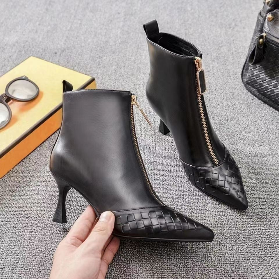 Black pointed toe stiletto ankle boots for women with mid heel
