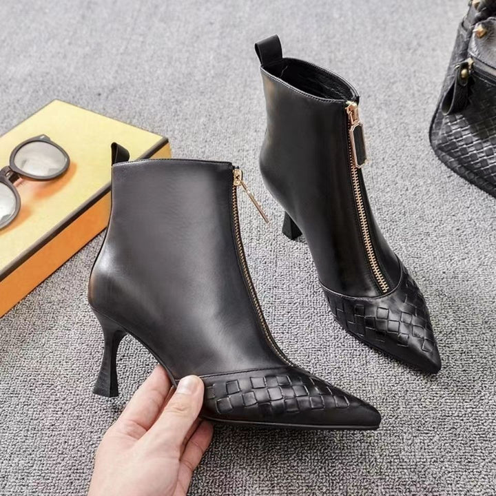 Black pointed toe stiletto ankle boots for women with mid heel