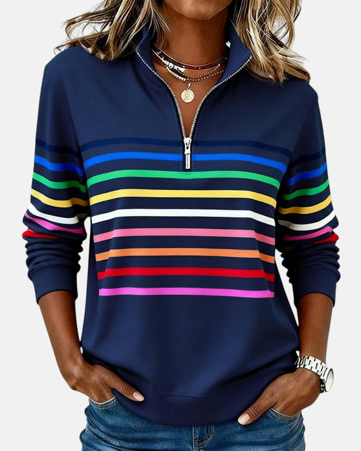 Women's rainbow striped half zip sweatshirt with stand collar