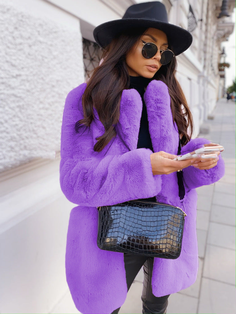 Women's long faux fur coat with lapel collar