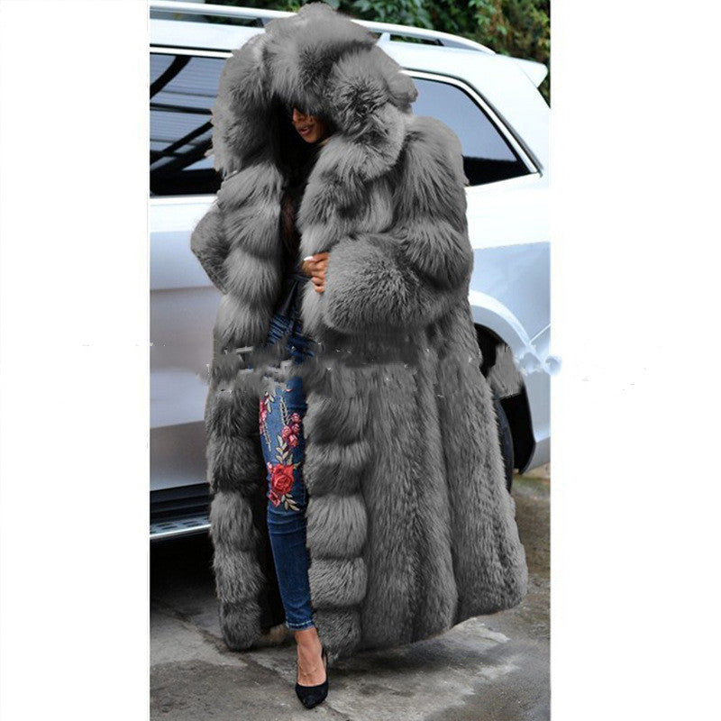 Women's long hooded faux fur coat