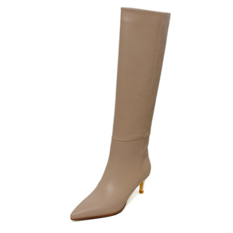 Women's beige leather stiletto knight boots, tall shaft