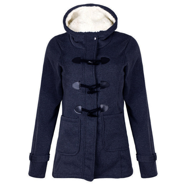 Woman in hooded double-breasted loose-fit coat