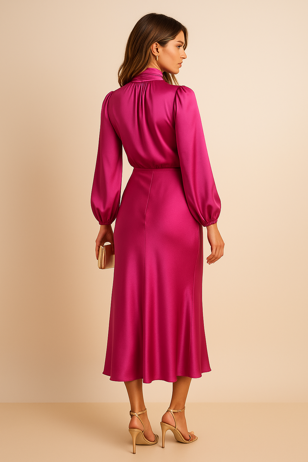 Reine | Women's Satin Mock-Neck Long-Sleeve Midi Dress