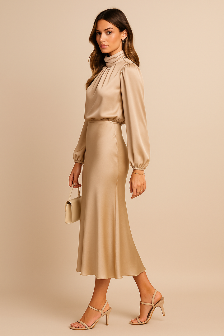 Reine | Women's Satin Mock-Neck Long-Sleeve Midi Dress
