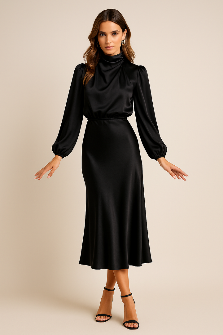 Reine | Women's Satin Mock-Neck Long-Sleeve Midi Dress