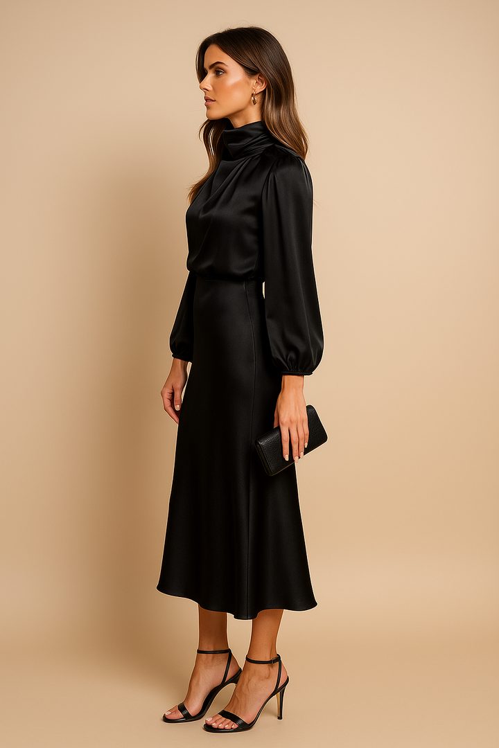 Reine | Women's Satin Mock-Neck Long-Sleeve Midi Dress