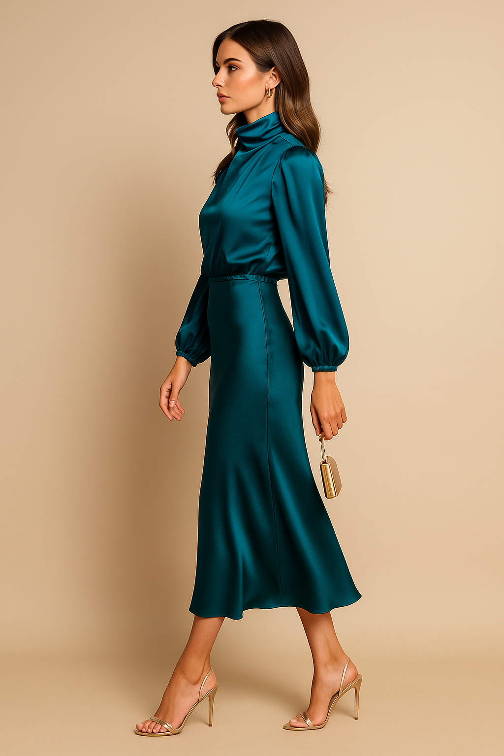 Reine | Women's Satin Mock-Neck Long-Sleeve Midi Dress