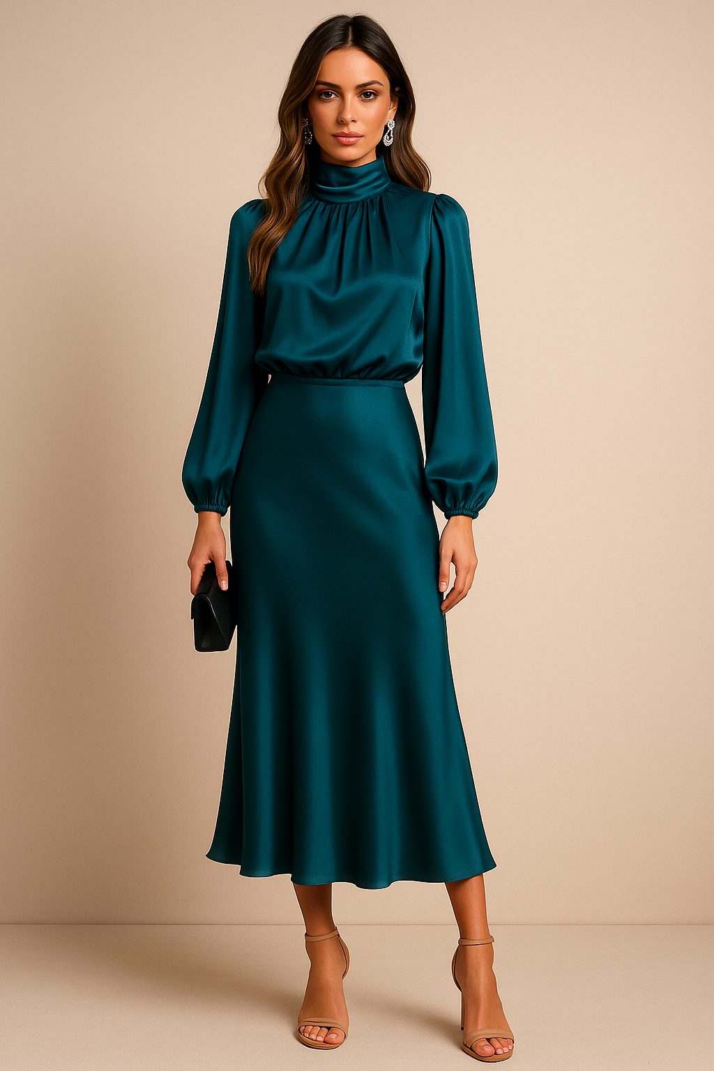 Reine | Women's Satin Mock-Neck Long-Sleeve Midi Dress