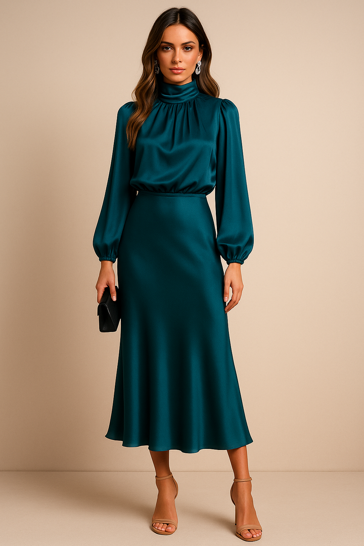 Reine | Women's Satin Mock-Neck Long-Sleeve Midi Dress