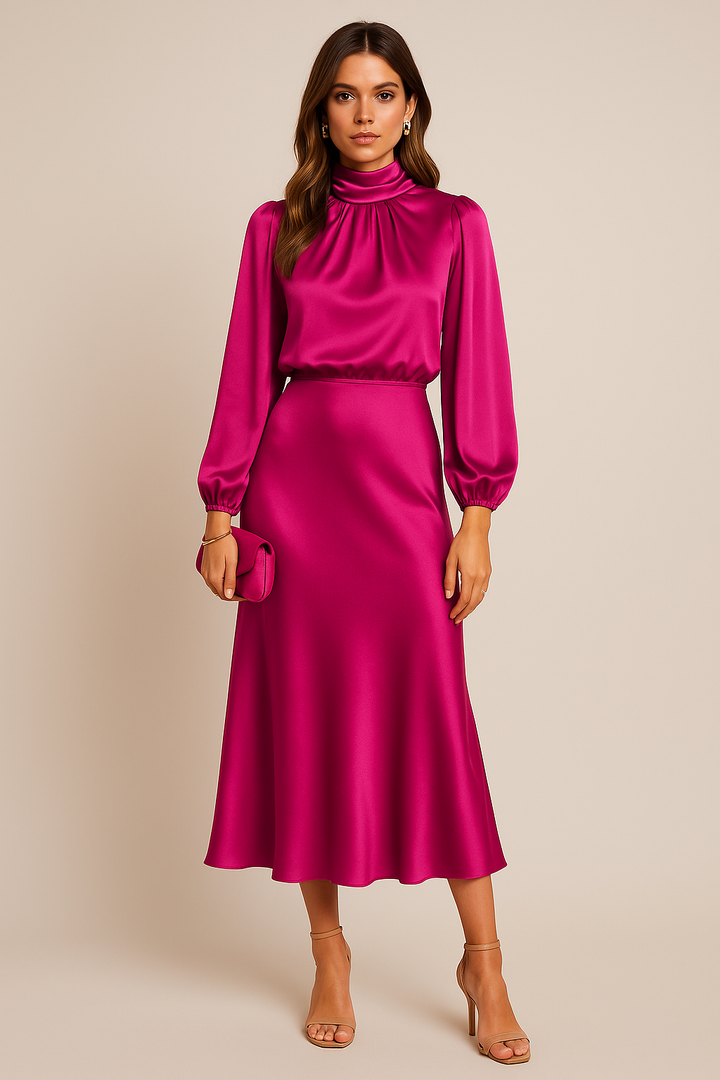 Reine | Women's Satin Mock-Neck Long-Sleeve Midi Dress