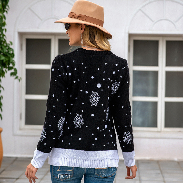Women's loose pullover sweater with elk jacquard pattern