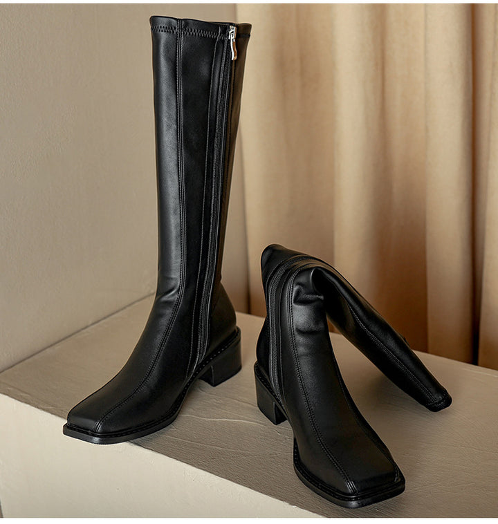 Women's knee high boots with side zipper and thick heel