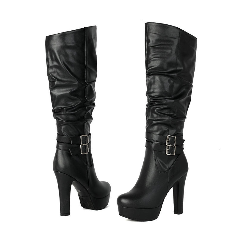 Black chunky heel over-the-knee boots for women