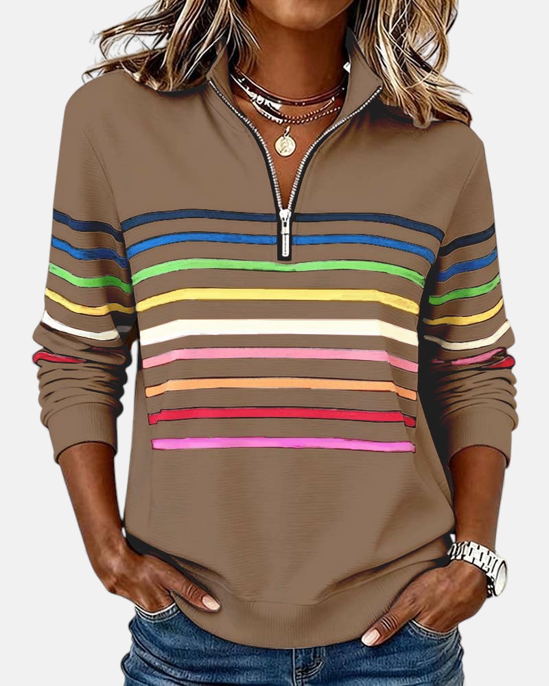 Women's rainbow striped half zip sweatshirt with stand collar