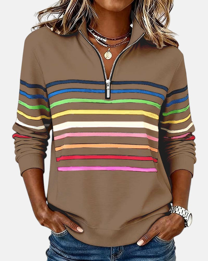 Women's rainbow striped half zip sweatshirt with stand collar