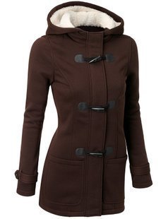Woman in hooded double-breasted loose-fit coat
