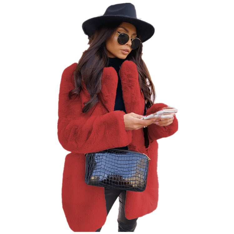 Women's long faux fur coat with lapel collar