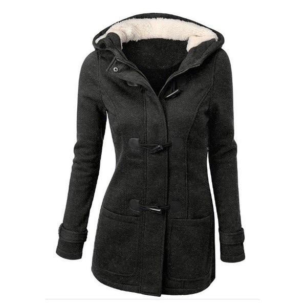 Woman in hooded double-breasted loose-fit coat