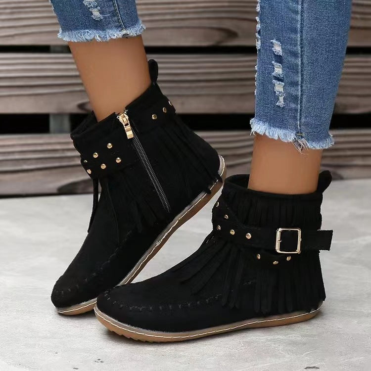 Women's black suede flat ankle boots with rivet tassel