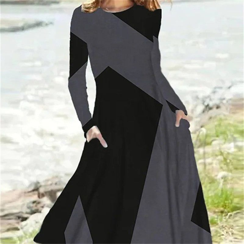 Long sleeve maxi dress with geometric color block print