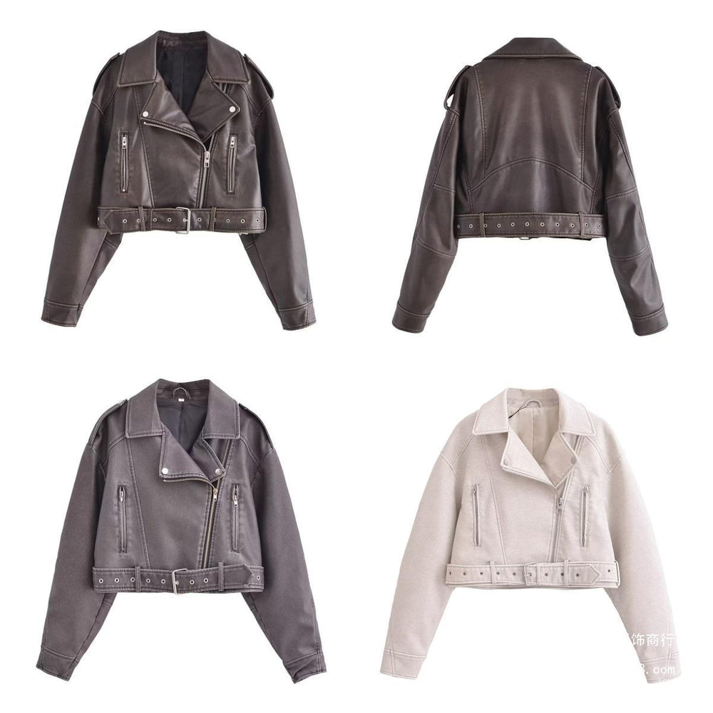 Women's washed leather moto jacket in solid color