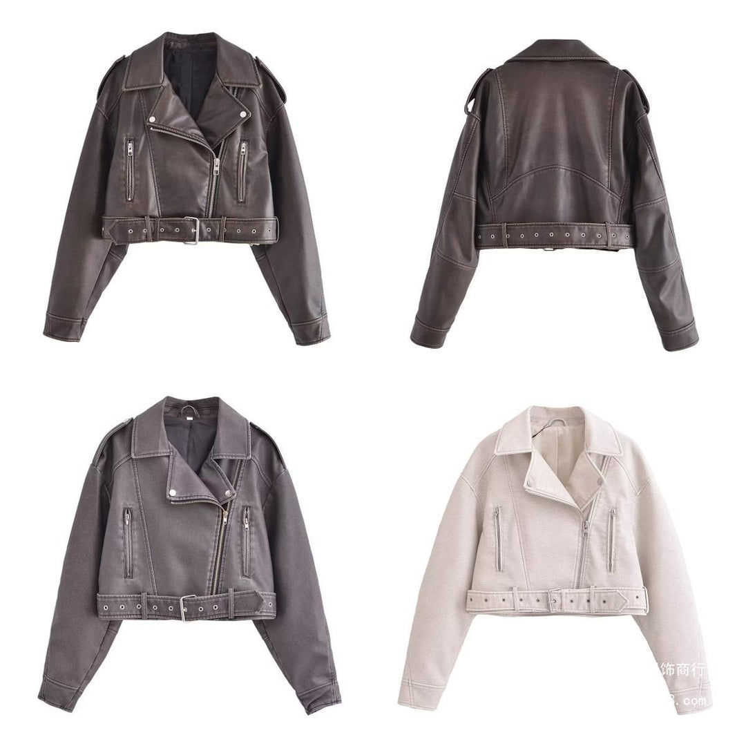 Women's washed leather moto jacket in solid color