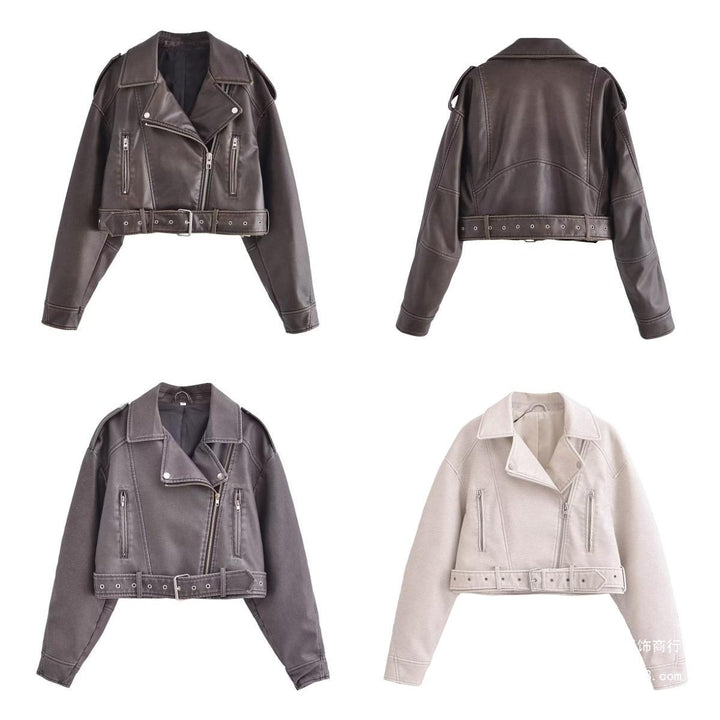 Women's washed leather moto jacket in solid color