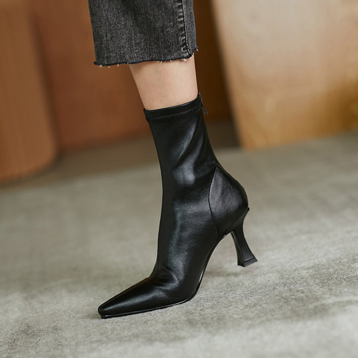 Women's pointed toe ankle boots with heel and back zipper