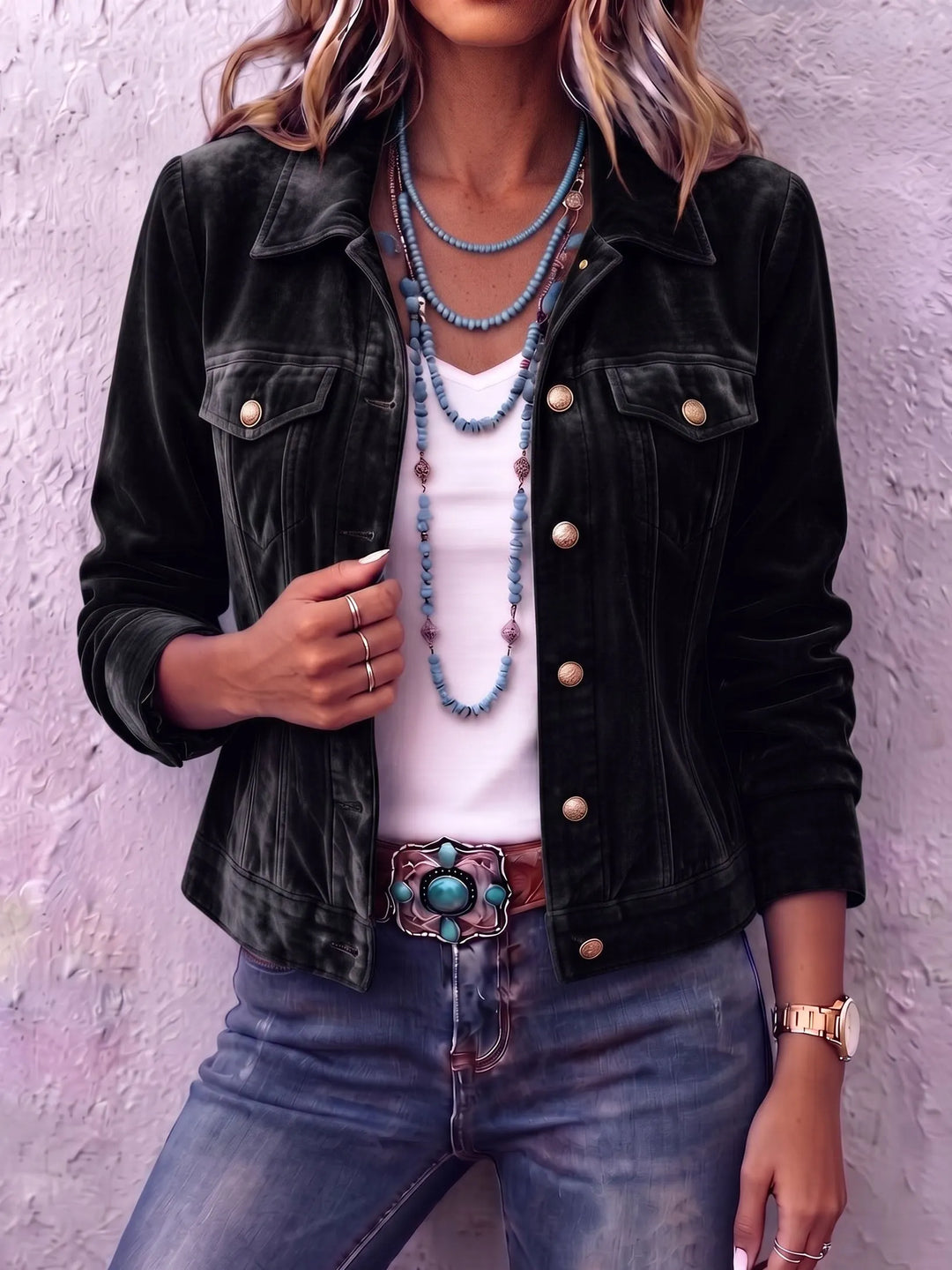 Women's button front vintage wash jacket with chest pockets