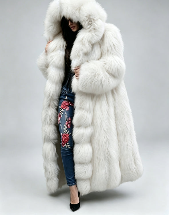 Women's long hooded faux fur coat