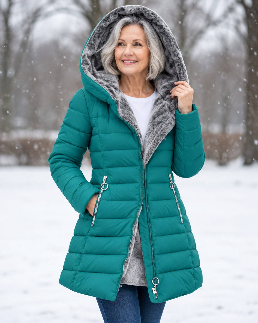 Women's quilted winter coat with hood on model