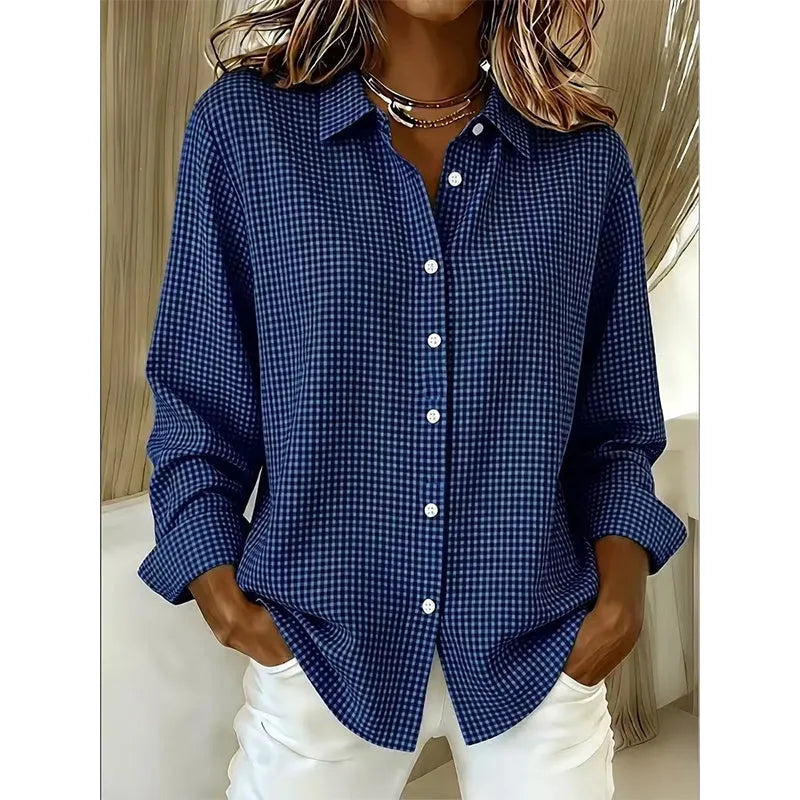 Woman wearing gingham button front long sleeve blouse