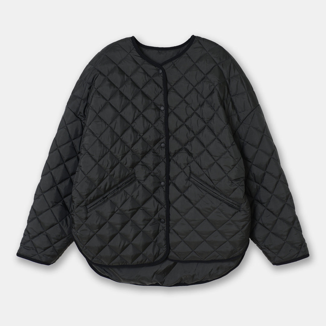 Women's diamond plaid puffer jacket with collarless neckline
